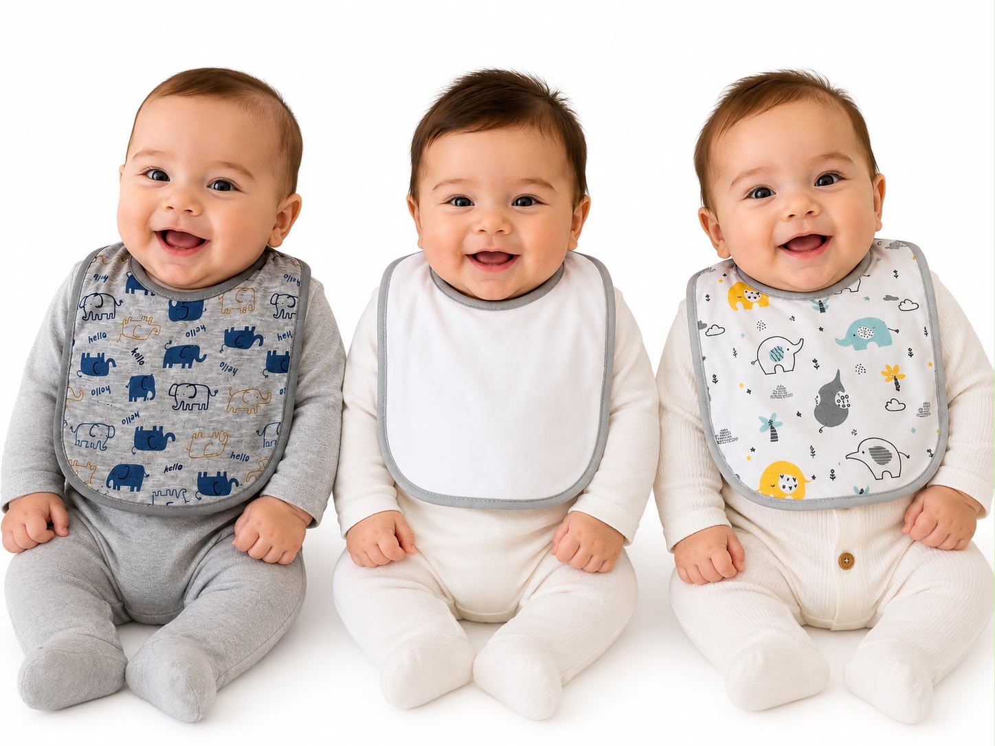 Tripack Baberos de Algodón con Reverso de Toalla – Elefantes Hello & Blanco