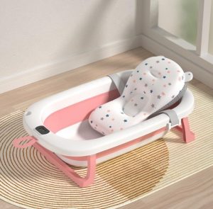Bañera Plegable para Bebé con Termómetro Digital y Cojín Flotante – Rosa
