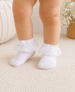 Calcetines con Vuelo de Encaje Floral para Niña y Bebé – Blanco Clásico