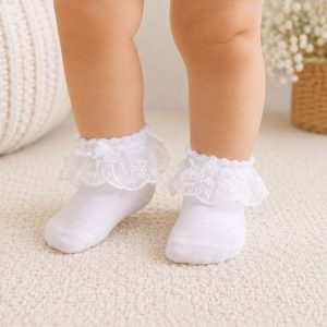 Calcetines con Vuelo de Encaje Floral para Niña y Bebé – Blanco Clásico