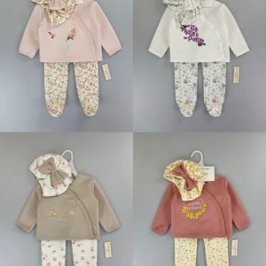 Conjunto Acolchado de 3 Piezas para Bebé Niña – Chaqueta Cruzada, Panty con Pie y Turbante con Lazo