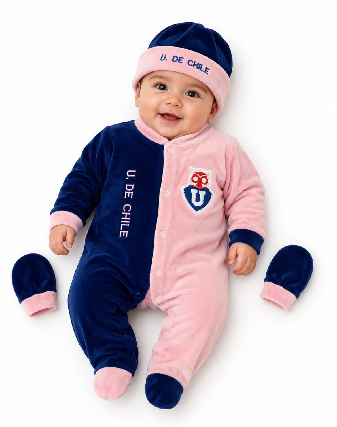 Set Bebé 3 Piezas Plush Universidad de Chile – Azul / Rosado (Osito + Gorro + Mitones)