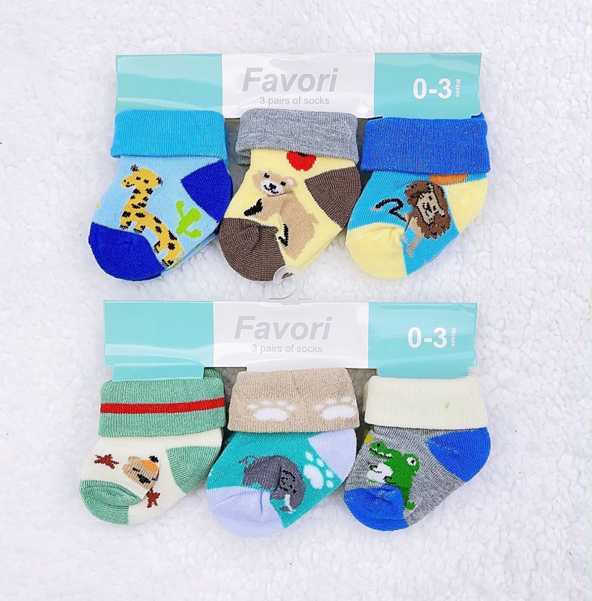 Pack de 3 Pares de Calcetines Favori – Diseños Animalitos Safari (0 a 3 Meses)