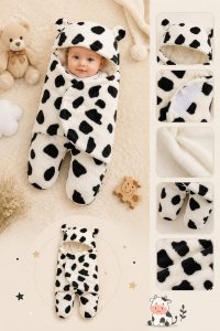 Saco de Dormir y Envolver Abrigador con Capucha – Estampado Vaca / Manchas (3 a 6 meses)