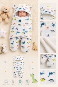 Saco de Dormir y Envolver Abrigador con Capucha – Dinosaurios Multicolores (3 a 6 meses)