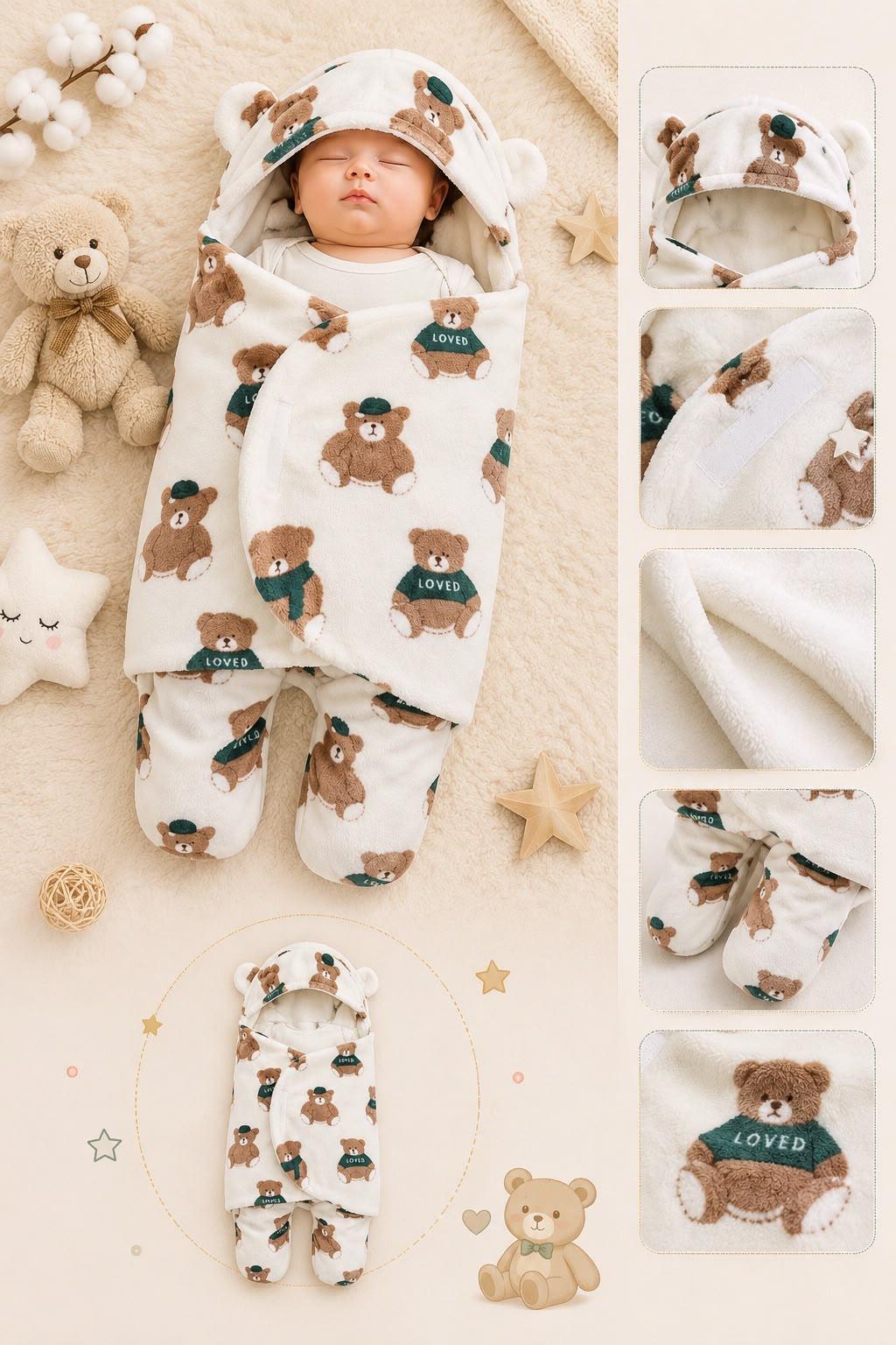 Saco de Dormir y Envolver Abrigador con Capucha – Ositos Teddy (3 a 6 meses)