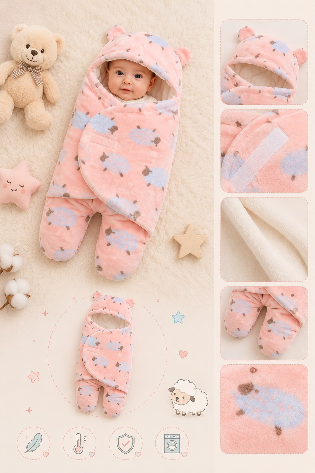 Saco de Dormir y Envolver Abrigador con Capucha – Oveja Rosa (3 a 6 meses)