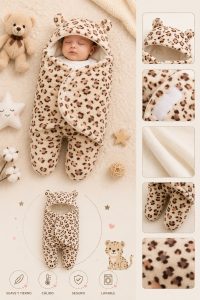 Saco de Dormir y Envolver Abrigador con Capucha – Animal Print / Leopardo Beige (3 a 6 meses)