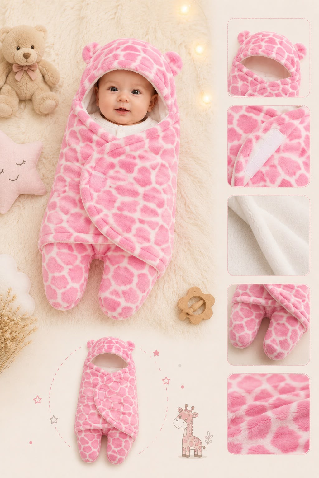 Saco de Dormir y Envolver Abrigador con Capucha – Jirafa Rosa (3 a 6 meses)