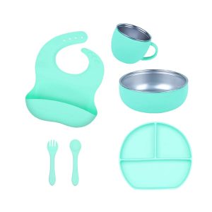 Set de Alimentación de Silicona y Acero Inoxidable para Bebé (6 Piezas) – Verde Menta