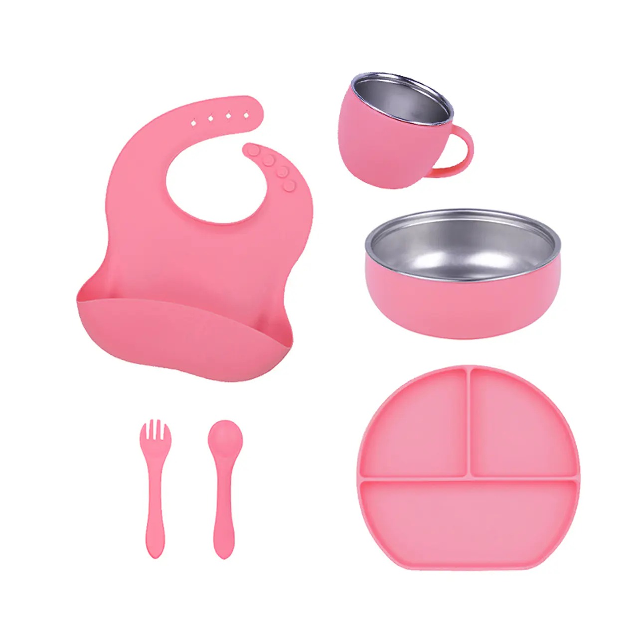 Set de Alimentación de Silicona y Acero Inoxidable para Bebé (6 Piezas) – Rosa Pastel