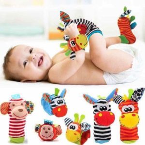 Set de Pulseras y Calcetines Sensoriales con Sonajero para Bebé (Pack 4 Piezas)