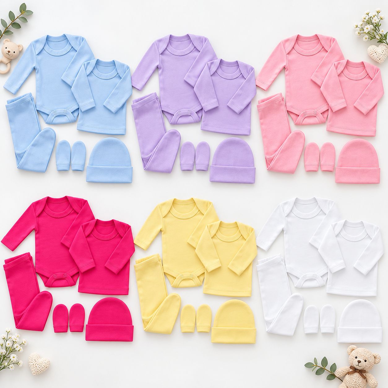 Set Ajuar de Nacimiento Liso 5 Piezas 100% Algodón para Recién Nacido (0 a 3 Meses)