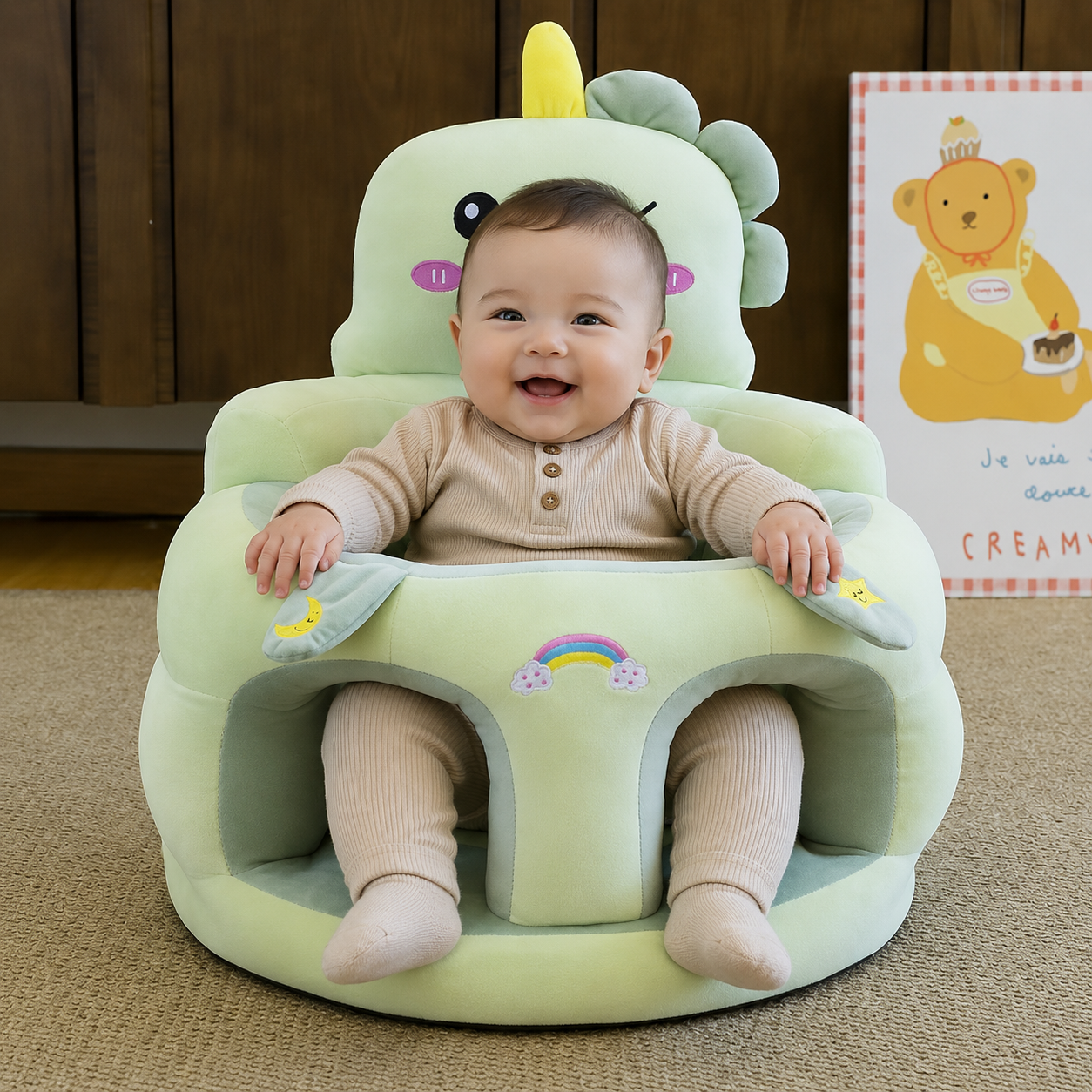 Sillón Cojín de Apoyo y Entrenamiento para Sentarse – Diseño Dinosaurio Verde (4 a 18 Meses)