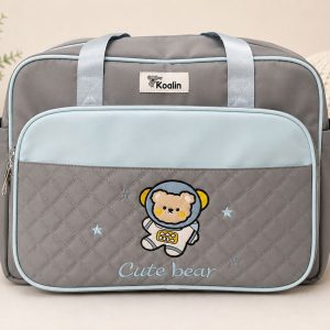 Bolso Maternal Organizador Acolchado Gris y Celeste con Bordado Osito Astronauta (Cute Bear)