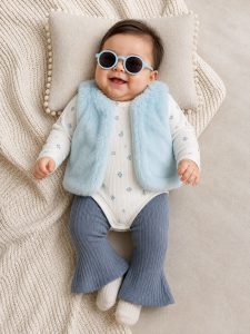 Conjunto Coquette Chic 4 Piezas para Bebé Niña – Chaleco de Piel Sintética, Body Rib Floral, Pantalón Flare y Lentes de Sol