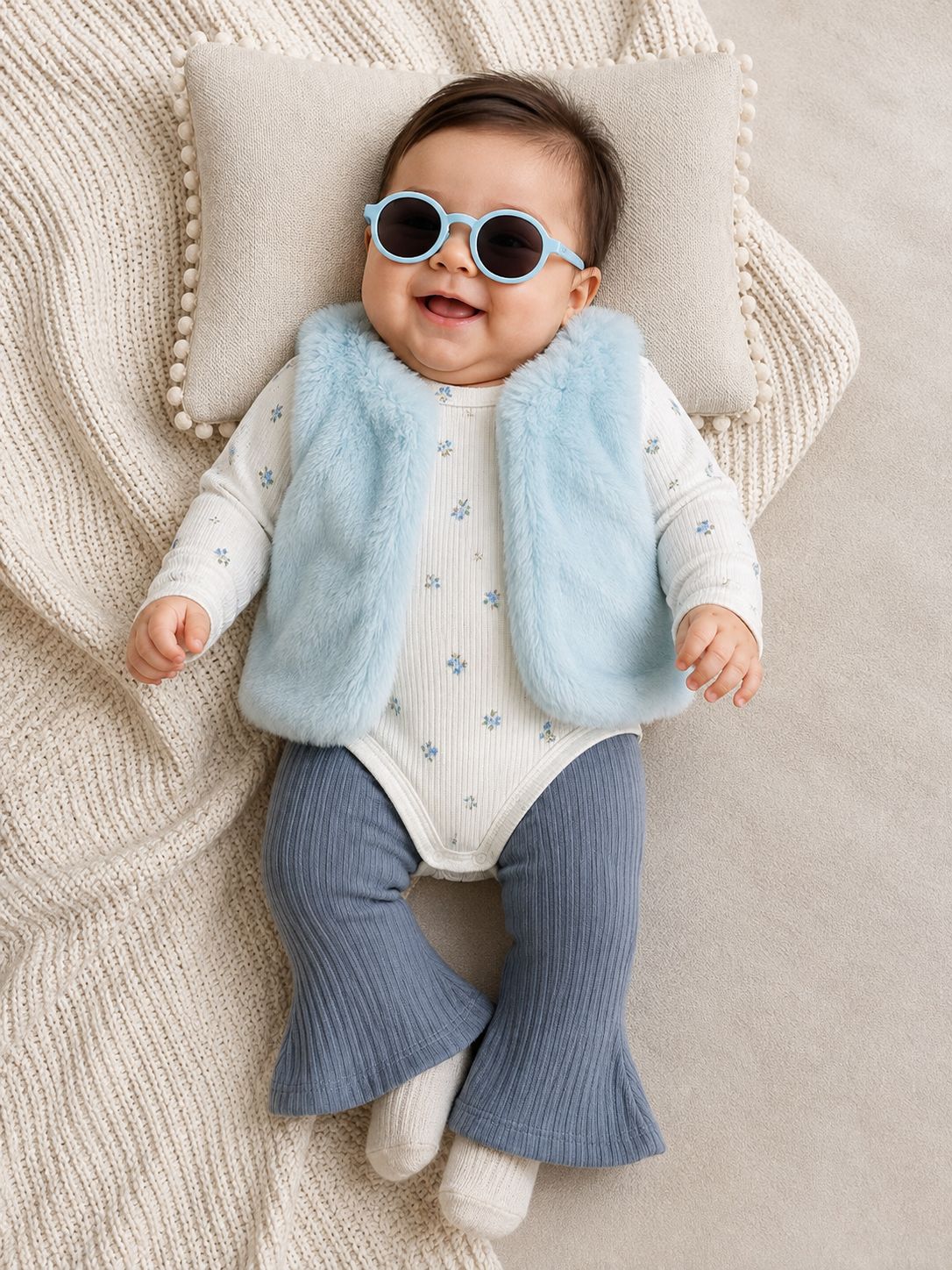 Conjunto Coquette Chic 4 Piezas para Bebé Niña – Chaleco de Piel Sintética, Body Rib Floral, Pantalón Flare y Lentes de Sol
