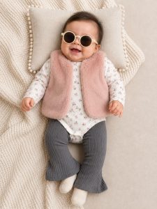 Conjunto Coquette Chic 4 Piezas para Bebé Niña – Chaleco de Piel Sintética Rosa, Body Rib Floral, Pantalón Flare y Lentes de Sol