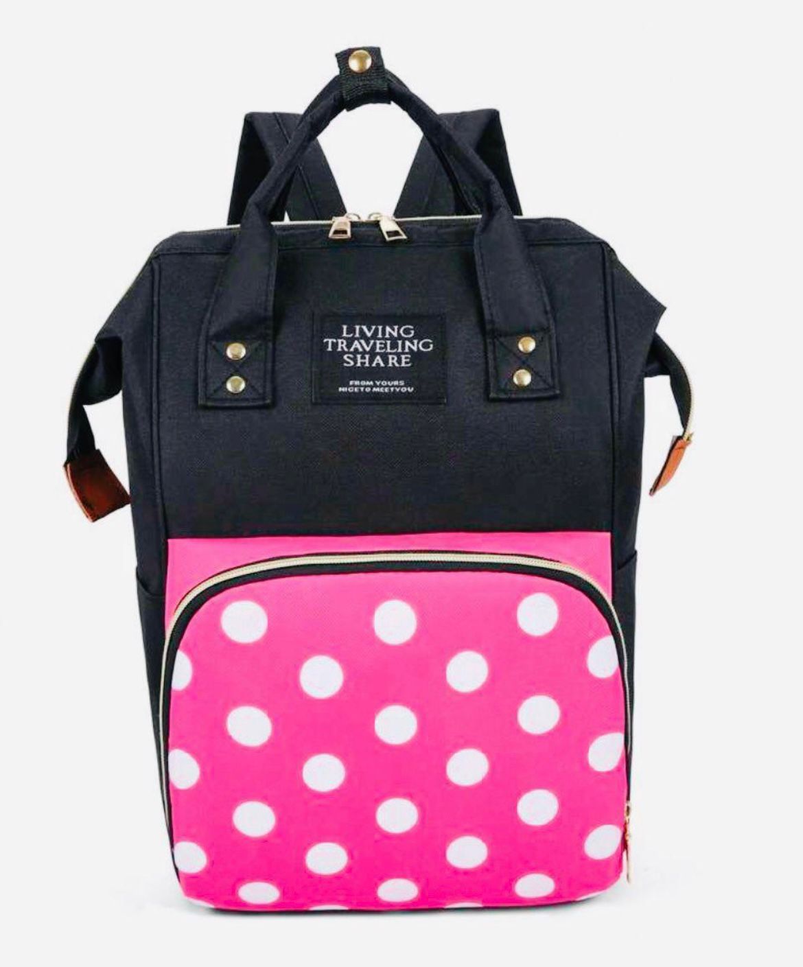 Mochila Maternal Pañalera Térmica e Impermeable – Inspiración Minnie / Lunares Rosa y Negro