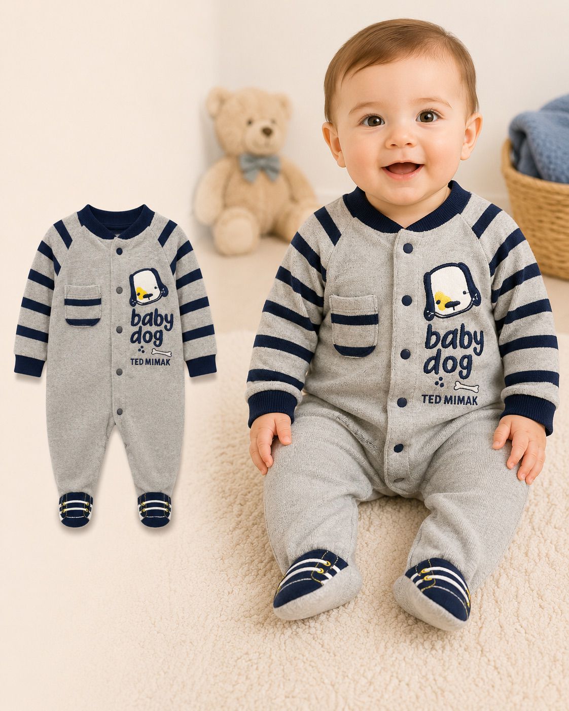 Osito Pijamero Térmico de Plush con Pies y Bordado «Baby Dog» para Bebé Niño