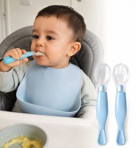 Set de Cuchara y Tenedor de Silicona Suave para Bebé – Color Celeste (4+ Meses)  Descripción corta: