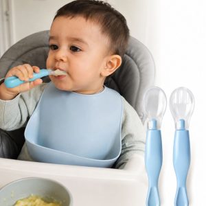 Set de Cuchara y Tenedor de Silicona Suave para Bebé – Color Celeste (4+ Meses)  Descripción corta: