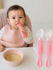 Set de Cuchara y Tenedor de Silicona Suave para Bebé – Color Rosa (4+ Meses)