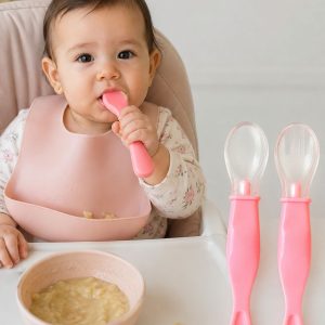 Set de Cuchara y Tenedor de Silicona Suave para Bebé – Color Rosa (4+ Meses)