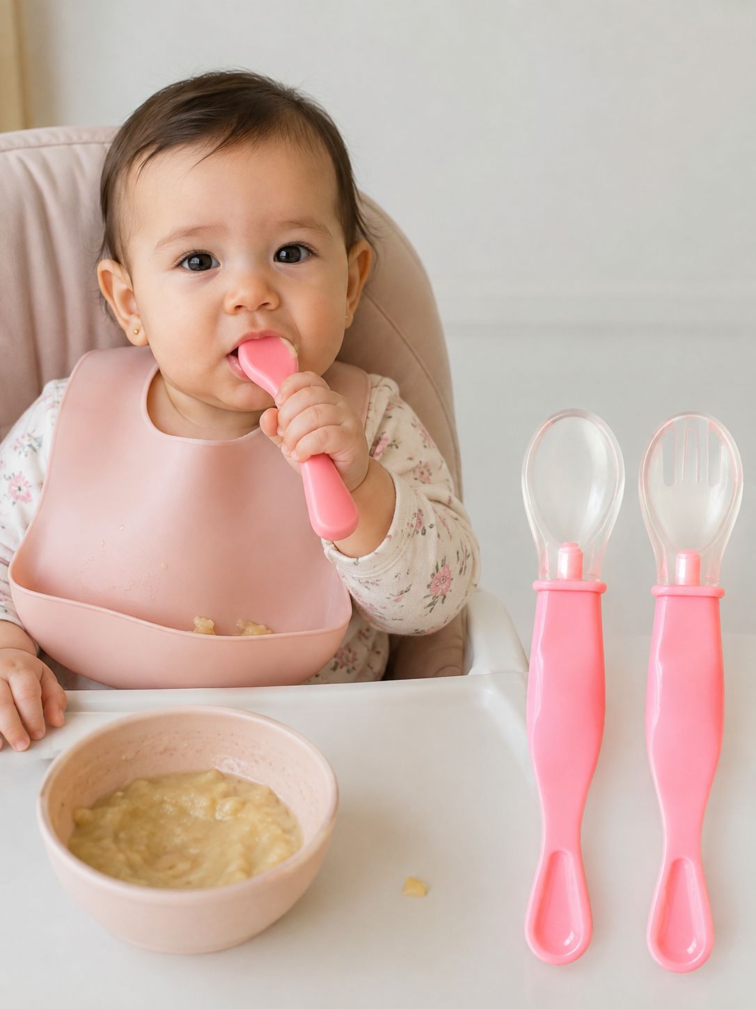 Set de Cuchara y Tenedor de Silicona Suave para Bebé – Color Rosa (4+ Meses)