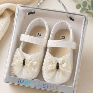 Ballerinas de Fiesta para Bebé Niña con Encaje, Moño de Tul y Brillos – Blanco