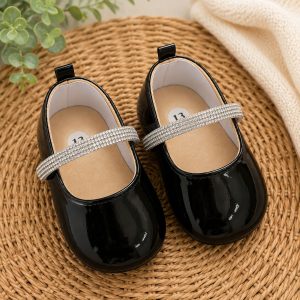 Ballerinas de Charol Negro con Correa de Strass para Bebé Niña